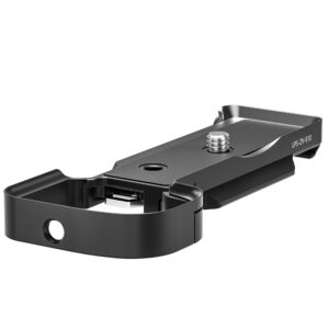Leofoto ZV-E10 handgreep perspectiefaanzicht van zwarte bodemplaat met geïntegreerde voorste greep en 1/4-inch schroef.