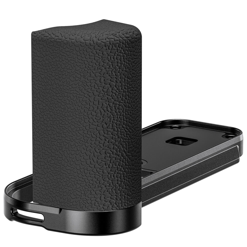 Leofoto LPF-X half cameragrip close-up van rubberen handgreep op Arca-Swiss bodemplaat voor Fujifilm X half.