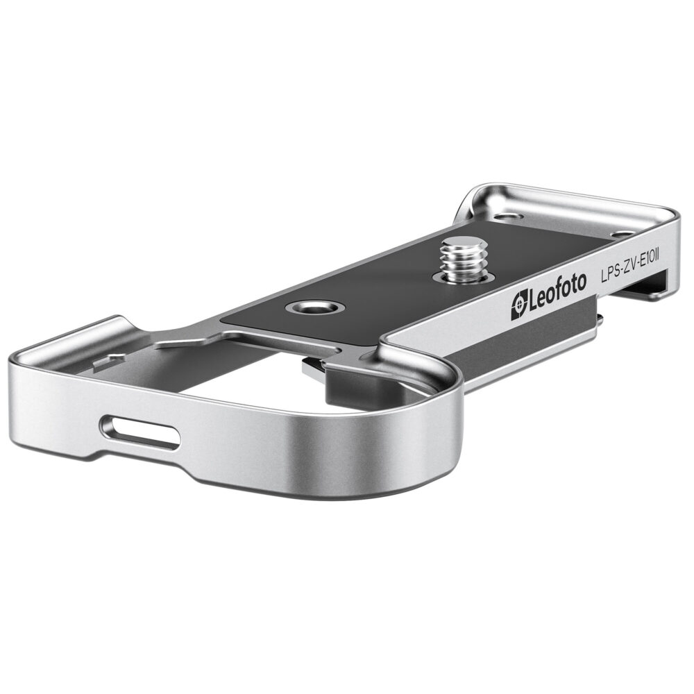 Leofoto LPS-ZV-E10II handgreep zilver schuin vooraanzicht van Arca-Swiss bodemplaat met 1/4-inch schroef.