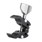 Leofoto MC-40 klem compacte multifunctionele aluminium klem met zilverkleurige vleugelmoer, half geopend op witte achtergrond.