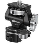 Leofoto FM-01 monitorhouder close-up op cameracage met klembevestiging en zilveren vergrendelknop.
