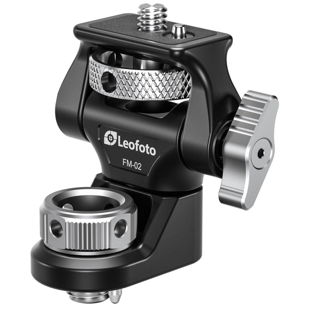 Leofoto FM-02 monitorhouder close-up van monitorhouder met ARRI-aansluitdraad en zilverkleurige vergrendelknop.