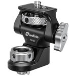Leofoto FM-02 monitorhouder close-up van monitorhouder met ARRI-aansluitdraad en zilverkleurige vergrendelknop.