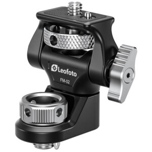 Leofoto FM-02 monitorhouder close-up van monitorhouder met ARRI-aansluitdraad en zilverkleurige vergrendelknop.