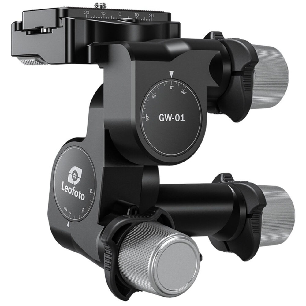Leofoto GW-01 Statief-gearhead zijaanzicht met drie geribbelde draaiknoppen en Arca-Swiss-plaat op witte achtergrond.