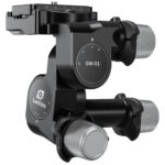 Leofoto GW-01 Statief-gearhead zijaanzicht met drie geribbelde draaiknoppen en Arca-Swiss-plaat op witte achtergrond.