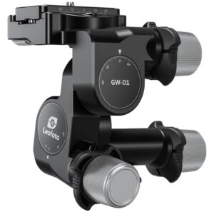 Leofoto GW-01 Statief-gearhead zijaanzicht met drie geribbelde draaiknoppen en Arca-Swiss-plaat op witte achtergrond.