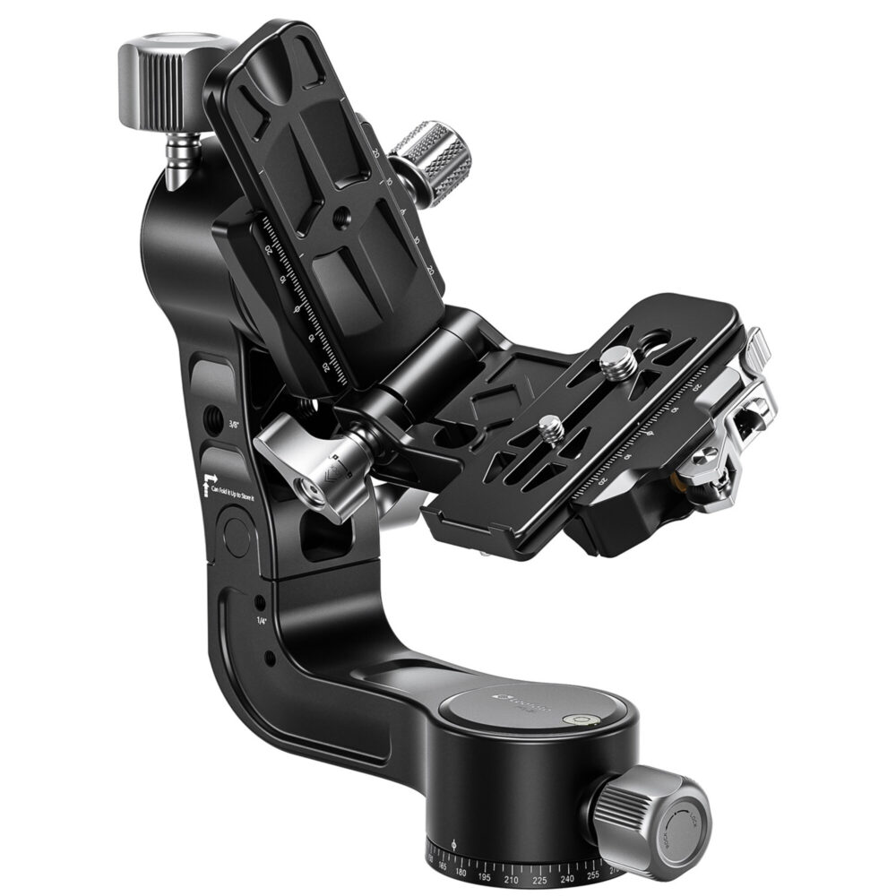 Leofoto PG-2L 2-weg kantelkop zijaanzicht van volledig opgeklapte gimbal voor zware telelenzen.