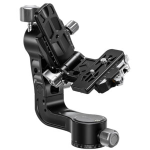 Leofoto PG-2L 2-weg kantelkop zijaanzicht van volledig opgeklapte gimbal voor zware telelenzen.