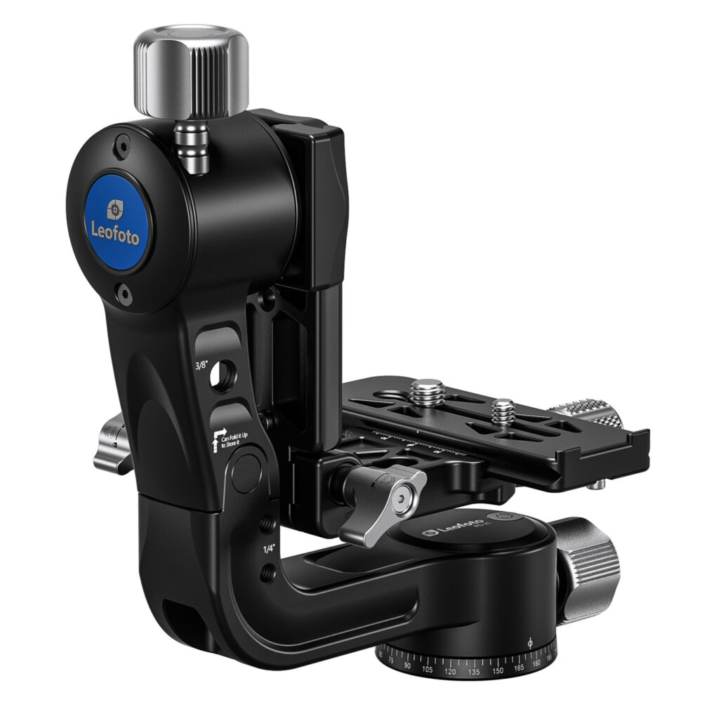 Leofoto-2-way-panheads-PG-2S-Gimbal-13 Leofoto PG-2S 2-weg kantelkop zijaanzicht van volledig opgeklapte gimbal op statiefkop met horizontale snelkoppelingsplaat.