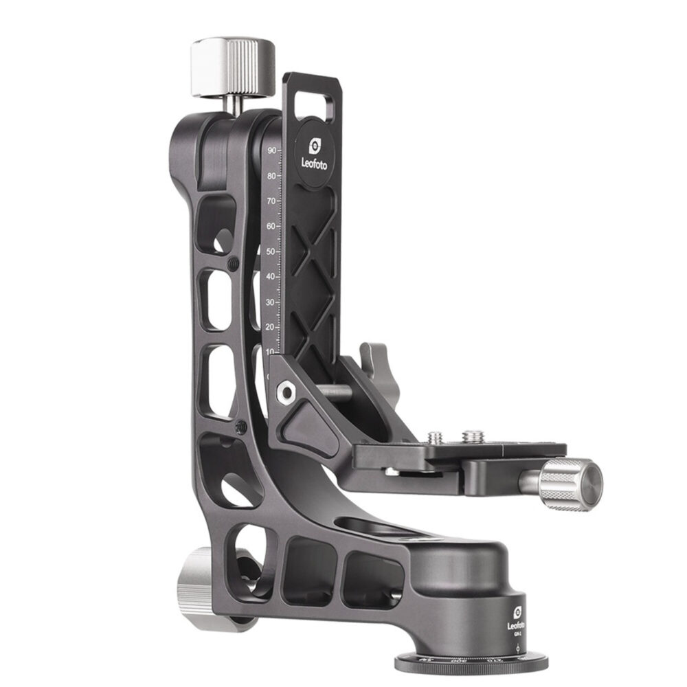 Leofoto PG-1 Kardankopf zijaanzicht van zwarte gimbalhead met opengewerkte frameconstructie.