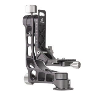 Leofoto PG-1 Kardankopf zijaanzicht van zwarte gimbalhead met opengewerkte frameconstructie.