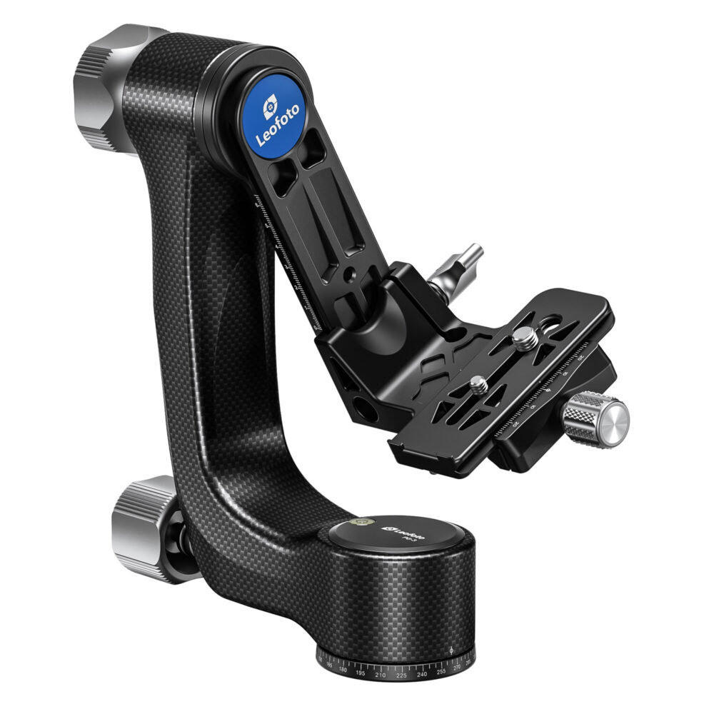 Leofoto PG-3 2-weg kantelkop zijaanzicht van carbon gimbalhead met blauwe frictieknop en Arca-Swiss-slede op witte achtergrond.