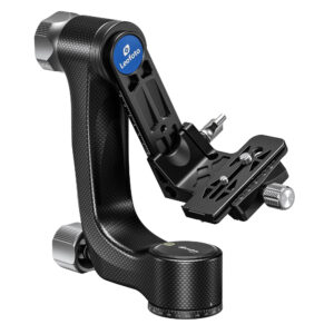 Leofoto PG-3 2-weg kantelkop zijaanzicht van carbon gimbalhead met blauwe frictieknop en Arca-Swiss-slede op witte achtergrond.