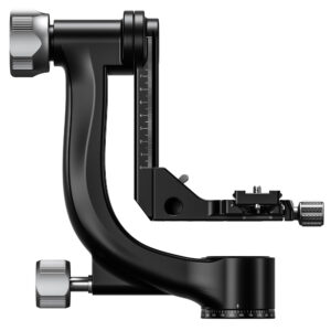Leofoto PG-4 2-weg kantelkop close-up zijaanzicht met hoge verticale arm, schaalverdeling en stevige basis op witte achtergrond.