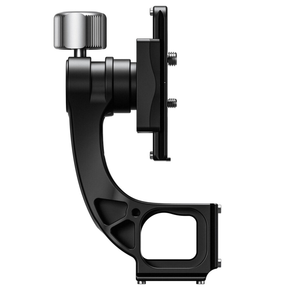 Leofoto MPG-2 Gimbal-uitbreiding zijaanzicht van zwarte gimbalarm met montagebasis op witte achtergrond.