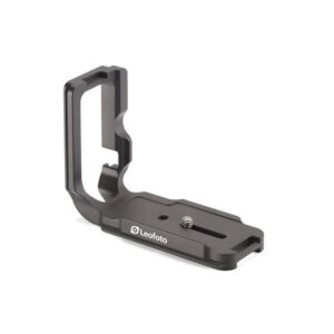 Leofoto LPC-7DN L-Beugel zwarte Arca-Swiss-compatibele aluminium L-plaat met 1/4-inch cameraschroef op witte achtergrond.