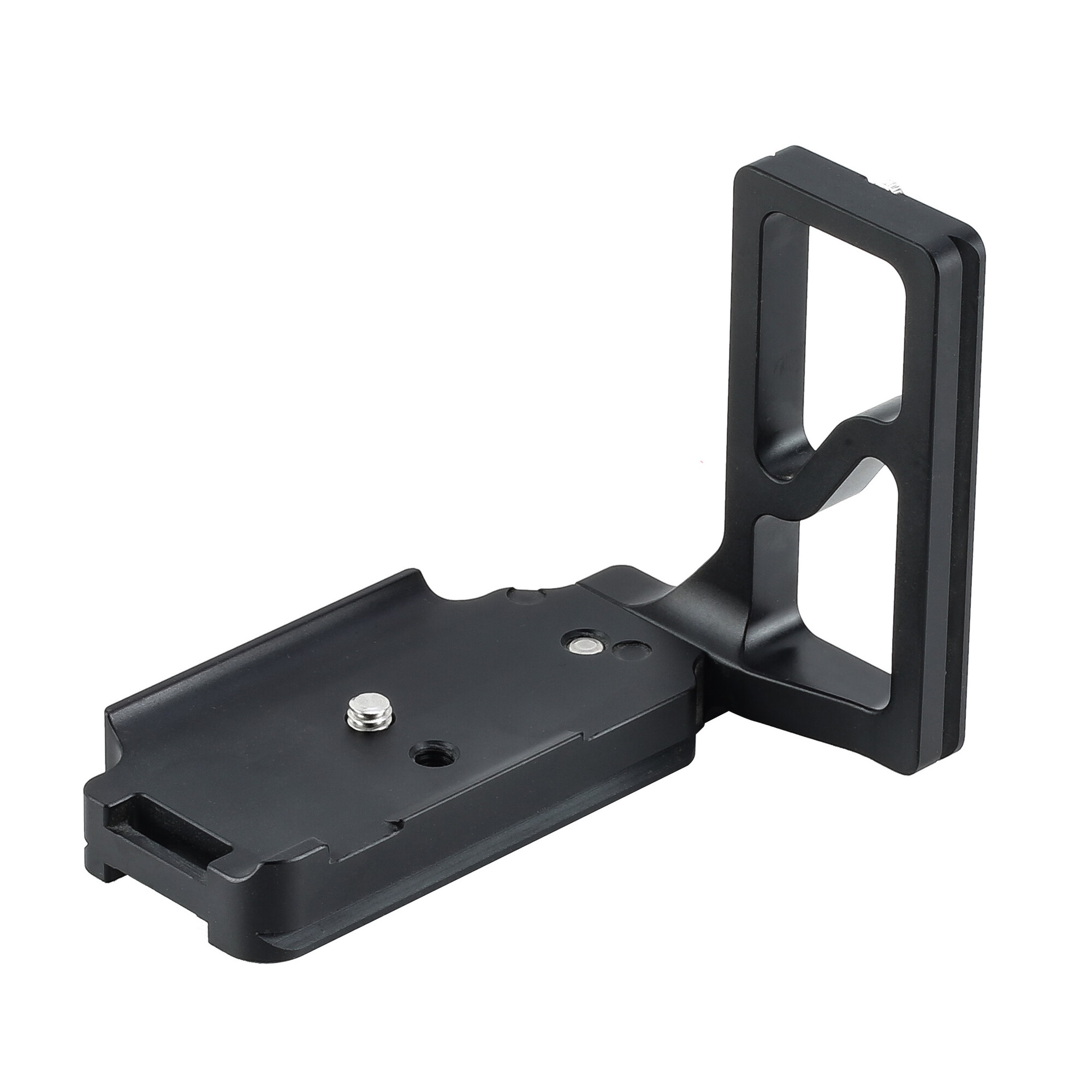 Leofoto LPC-80D L-Beugel zwarte Arca-Swiss-compatibele aluminium L-plaat voor Canon EOS 80D in schuine bovenaanzicht op witte achtergrond.