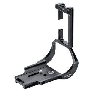Leofoto LPC-R5B L-bevestiging close-up van de vormvaste Arca-Swiss basisplaat met opstaande L-arm.