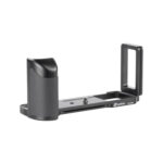 Leofoto LPF-GFX50R L-bevestiging productfoto van zwarte Arca-Swiss L-bracket met ergonomische handgreep en verticale plaat.