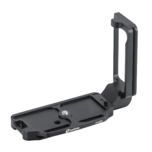 Leofoto LPN-D850N L-bevestiging zijaanzicht met lange Arca-Swiss-basisplaat, opstaande L-zijde en 1/4-inch statiefschroef op witte achtergrond.