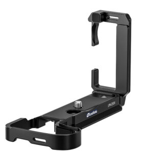 Leofoto LPN-Z50II L-bevestiging perspectiefaanzicht met basisplaat, verticale L-zijde en 1/4-inch statiefschroef.