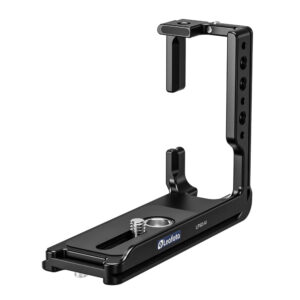 Leofoto LPSO-A1 L-bevestiging vooraanzicht van zilveren Arca-Swiss L-bracket met rubberen bodemplaat en 1/4-inch schroef.