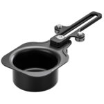 Leofoto LCH-3-2 Beugel bekerhouder in zwart aluminium met lange bevestigingsarm en stelschroef op witte achtergrond.