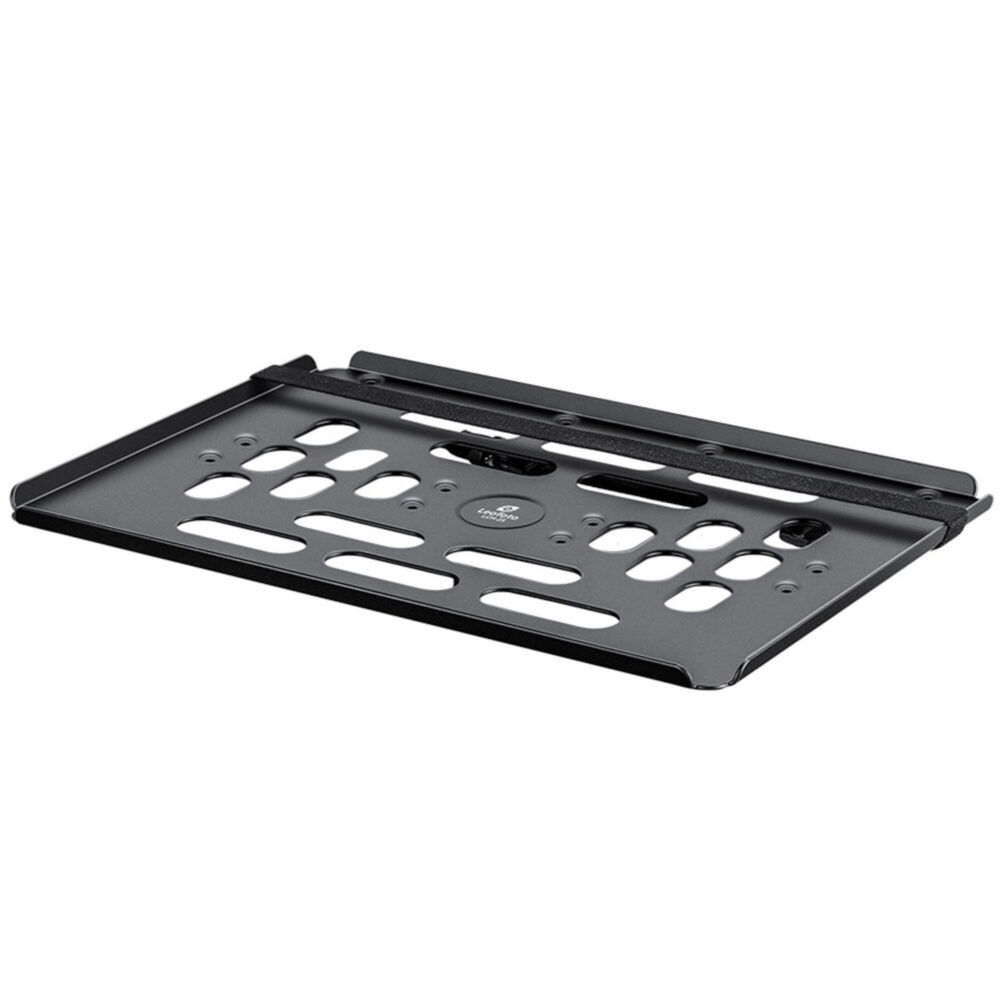 Leofoto LCH-2S laptophouder schuin bovenaanzicht van geperforeerde aluminium laptoptray met opstaande randen.