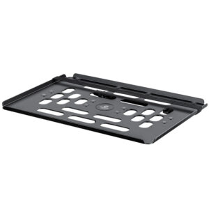 Leofoto LCH-2S laptophouder schuin bovenaanzicht van geperforeerde aluminium laptoptray met opstaande randen.