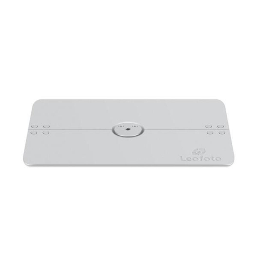 Leofoto LCH-1 houder bovenaanzicht van witte opklapbare aluminium laptop- en tablettafel met 1/4-inch statiefschroefgat.