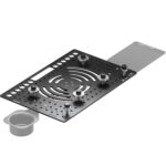 Leofoto LCH-3 laptophouder schuin bovenaanzicht van geperforeerde aluminium laptopplaat met vier klemmen en losse accessoires.