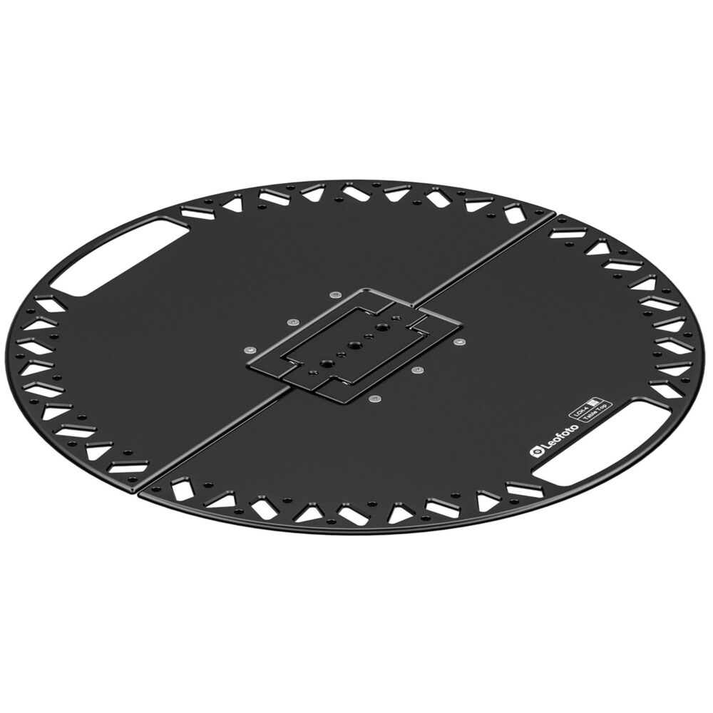 Leofoto LCH-4 laptop-, tablethouder schuin bovenaanzicht van ronde 40cm tray met centrale montageplaat en uitsparingen.