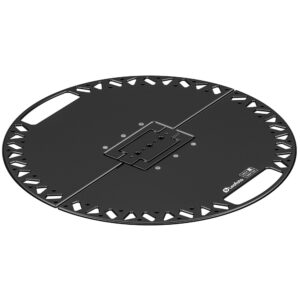 Leofoto LCH-4 laptop-, tablethouder schuin bovenaanzicht van ronde 40cm tray met centrale montageplaat en uitsparingen.