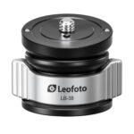 Leofoto LB-38 nivelleerinrichting vooraanzicht van compacte zwarte en zilveren leveling base met 3/8-inch schroef op de topplaat.