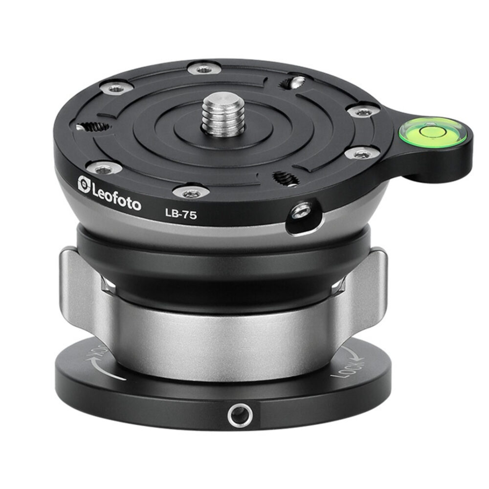 Leofoto LB-75 nivelleerinrichting vooraanzicht van 75mm leveling base met 3/8-inch schroef en groene waterpaslibel op de topplaat.