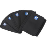 Leofoto-Neoprene-cover-set-LW-KIT-3 Leofoto LW-KIT Neopreen beschermhoes set van vijf zwarte neopreen statiefbeenhoezen waaiervormig uitgestald met Leofoto-logo.