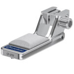 Leofoto CF-07W Objectiefvoet schuin bovenaanzicht in zilver met brede antislip-handsteun en blauw Leofoto-logo op Arca-Swiss voet.