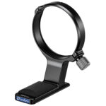 Leofoto-Lens-foot-TRFC-01-suitable-for-Tamron-150-500mm-f5-6-7-Di-III-VC-VXD-8 Leofoto TRFC‑01 objectiefvoet vooraanzicht van complete lenskraag met siliconen voet en grote zilveren vergrendelknop.