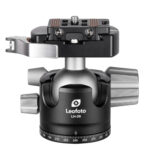 Leofoto LH-36LR statiefkogelkop vooraanzicht met open Arca-Swiss hefboomklem, NP-50 snelwisselplaat en grote geribbelde knoppen.