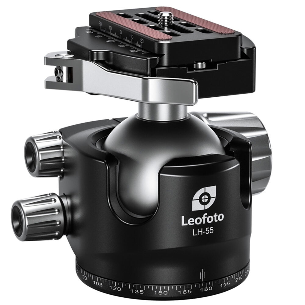Leofoto LH-55LR statiefkogelkop vooraanzicht met LR-70 snelklem, grote kogel en geribbelde draaiknoppen.