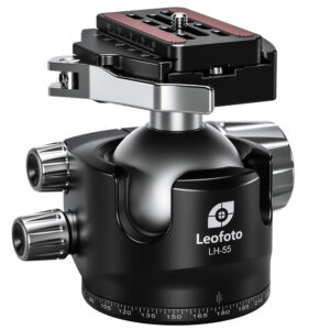 Leofoto LH-55LR statiefkogelkop vooraanzicht met LR-70 snelklem, grote kogel en geribbelde draaiknoppen.