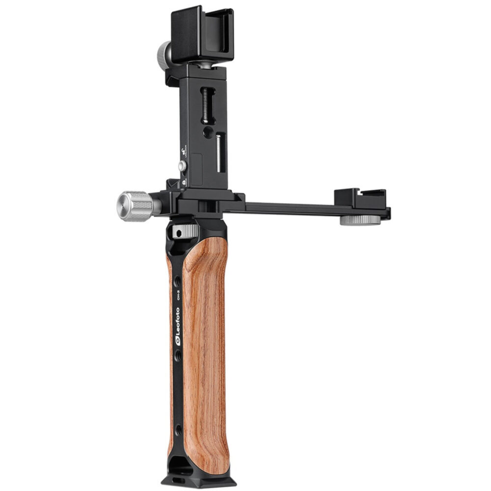Leofoto VC‑1 handgreep complete MOJO‑rig met houten handgreep, verticale rail en verstelbare smartphonehouder.