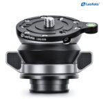 Leofoto LBQ-50S nivelleringsbasis bovenaanzicht in zwart/zilver met 3/8-inch schroef en ingebouwde waterpas.