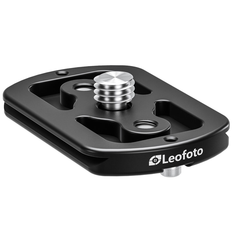 Leofoto P-BV10 snelwisselplaat close-up van zwarte Arca-Swiss basisplaat met 3/8-inch schroef en borgpinnen.