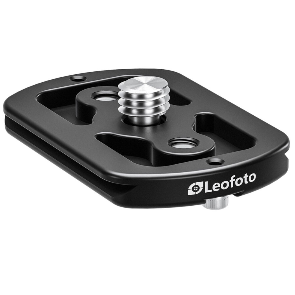 Leofoto P-LH55 snelwisselplaat close-up van zwarte P-PG1 basisplaat met 3/8-inch bevestigingsschroef.