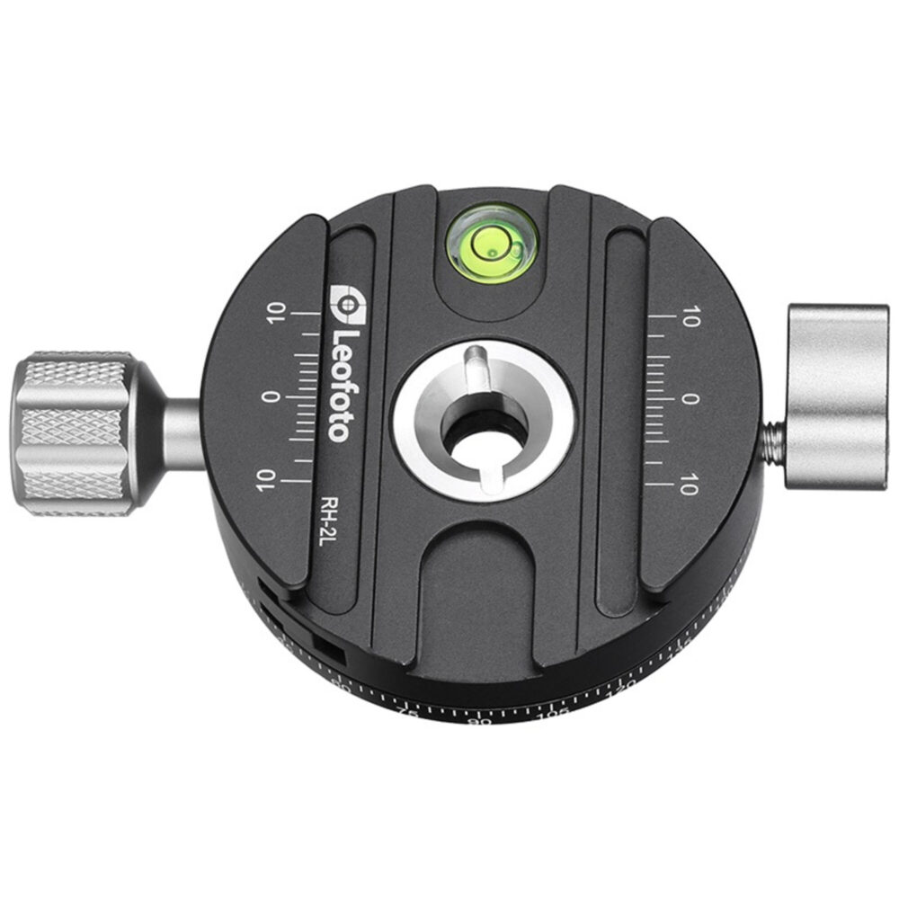 Leofoto RH-2L statief-panoramakop bovenaanzicht met waterpas, panoramaschaal en centrale 3/8-inch montageopening.