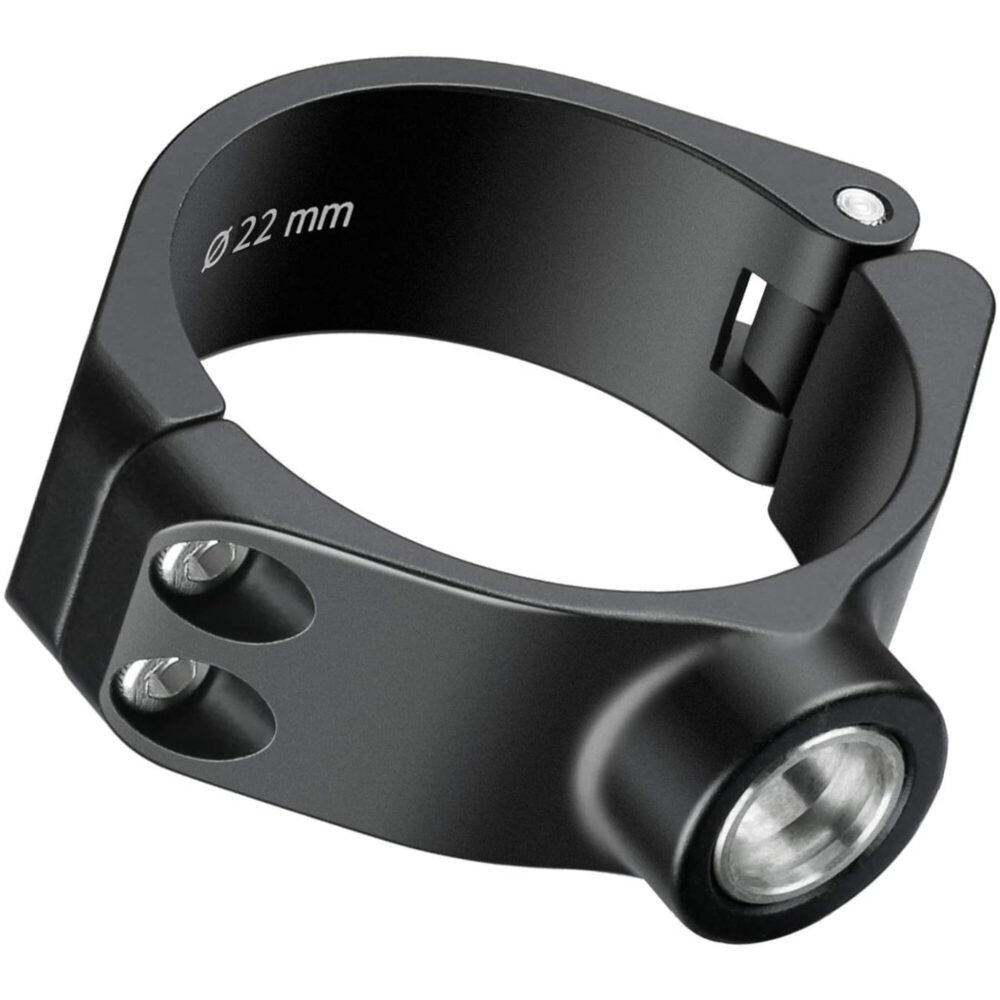 Leofoto QDC-22 QD-bus zwarte aluminium klem voor 22mm statiefpoot met geïntegreerde QD-aansluiting op witte achtergrond.