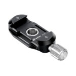 Leofoto DC-22Q snelkoppeling Arca-Swiss klem met QD-bus en 1/4-inch schroefgat in close-up op witte achtergrond.