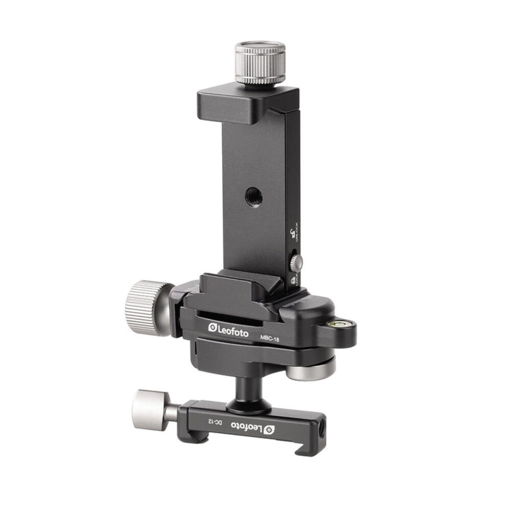 Leofoto DC-12 + MBC-18 + PC-90II houder complete set met zwarte mini kogelkop, Arca-Swiss-klem en verticale smartphonehouder.